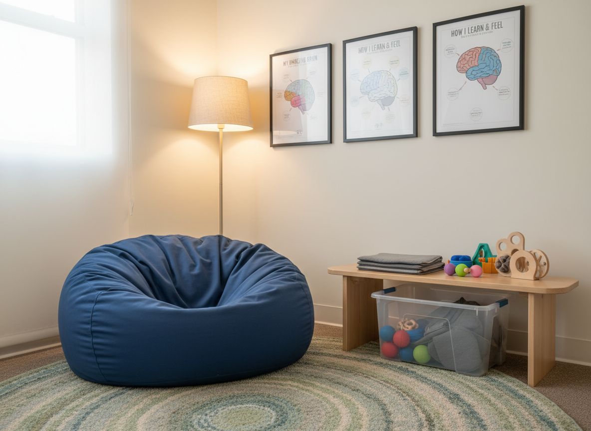 A carefully arranged corner of a pediatric psychopedagogical center captured in photographic realism, featuring a sensory-regulation area without any human presence. A large, deep-blue beanbag with a matte, durable fabric sits on a plush circular rug with muted geometric patterns. Beside it, a transparent bin with neatly sorted stress balls, weighted lap pads, and textured fidget tools is partially tucked under a low wooden bench. Above the corner, framed posters display simplified diagrams of the brain and learning processes in clean, child-friendly graphics. Soft, warm side lighting from a floor lamp creates a cozy glow, while faint daylight filters in from an unseen window, balancing the scene. Shot from a slightly elevated angle with moderate depth of field, the atmosphere feels secure, soothing, and purposefully designed for emotional regulation and therapeutic work.