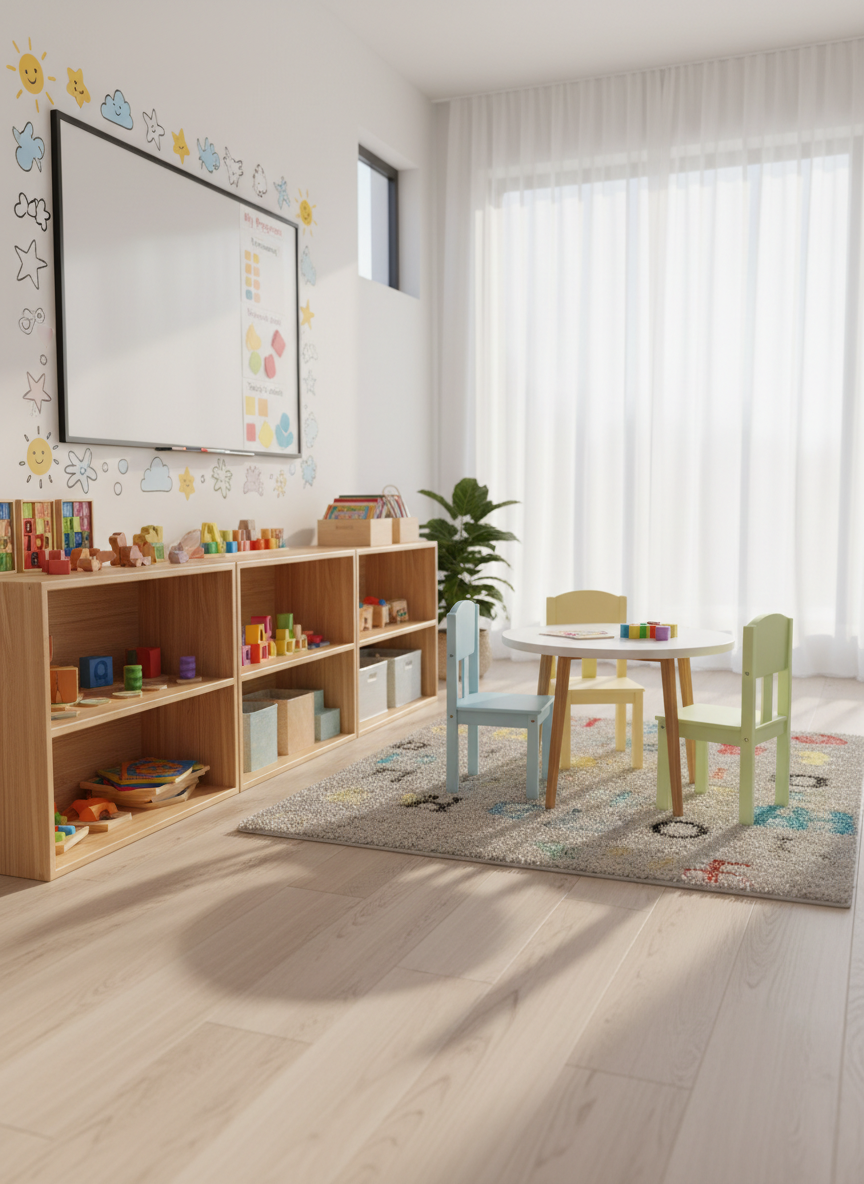 A bright, orderly child therapy room designed for focused learning, shown in photographic realism. Low open wooden shelves display neatly arranged colorful educational toys, puzzles, and soft blocks, all with smooth, safe edges. At the center, a small round table with pastel chairs stands on a soft, textured rug marked with subtle shapes and letters. Large windows with sheer white curtains allow soft morning sunlight to gently illuminate the space, casting faint shadows across the wooden floor. On the wall, a clean whiteboard is bordered by simple, cheerful icons and progress charts. Captured at eye level with a slightly wide angle, the room feels calm, professional, and welcoming, with a shallow depth of field subtly blurring the far background to focus on the organized therapeutic environment.