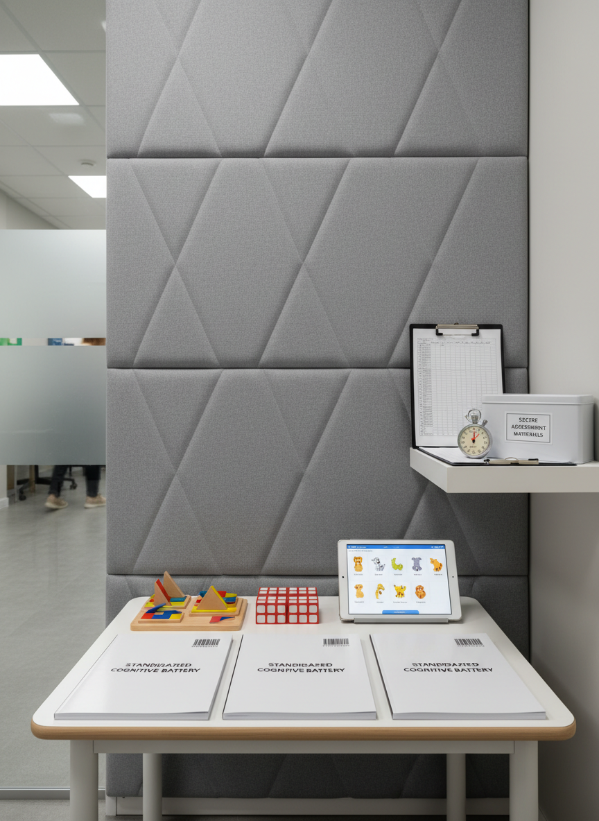 A dedicated diagnostic testing area in a child psychopedagogical clinic, shown in precise photographic realism. A small, uncluttered table holds standardized puzzles, pattern cubes, and neatly stacked test booklets with barcoded covers, alongside a digital tablet displaying a simplified cognitive task screen. A sound-absorbing wall panel in soft gray fabric forms the backdrop, enhancing focus and privacy. On an adjacent narrow shelf rest an analog stopwatch, scoring sheets on a clipboard, and a locked storage box labeled for secure materials. Overhead, even, neutral-toned lighting eliminates harsh shadows, creating a clinical yet non-threatening environment. The camera frames the table from a slightly elevated, centered viewpoint, with sharp focus on every object and a subtly blurred office corridor beyond a partially open door, conveying precision, structure, and the seriousness of professional child assessment.