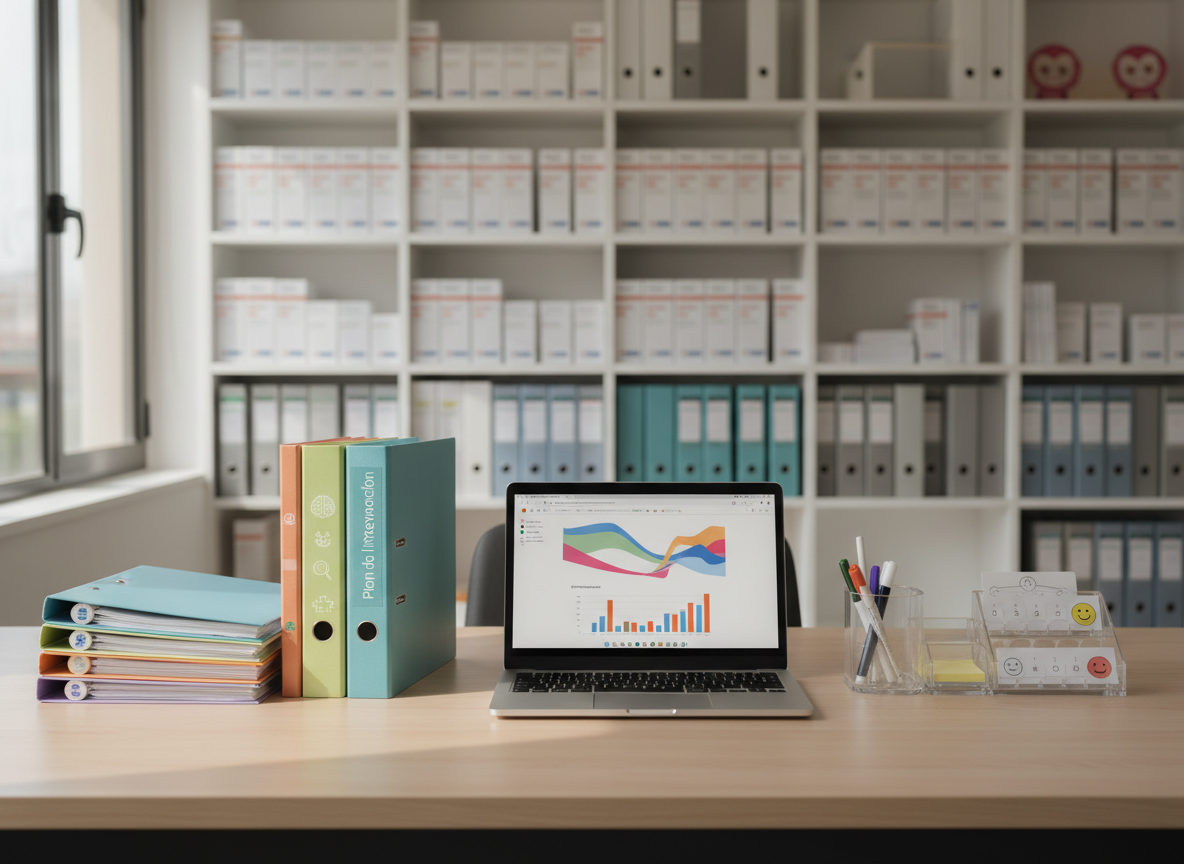 An organized therapist’s consultation desk inside a child therapy center, photographed in a clean, modern style. A sleek light-wood desk holds an open laptop displaying abstract charts, a neat stack of colorful assessment files labeled with clear icons instead of names, and a closed binder marked “Plan de Intervención” in Spanish. Beside it rests a small acrylic organizer with pens, sticky notes, and discreet behavior rating scales. In the background, slightly out of focus, shelves hold standardized test kits and binders in orderly rows. Natural afternoon light from a side window casts gentle, directional light across the desktop, highlighting textures of paper and matte plastic. The composition is symmetrical and stable, emphasizing professionalism, confidentiality, and methodical planning in pediatric psychopedagogical therapy, with neutral tones accented by subtle color from the materials.