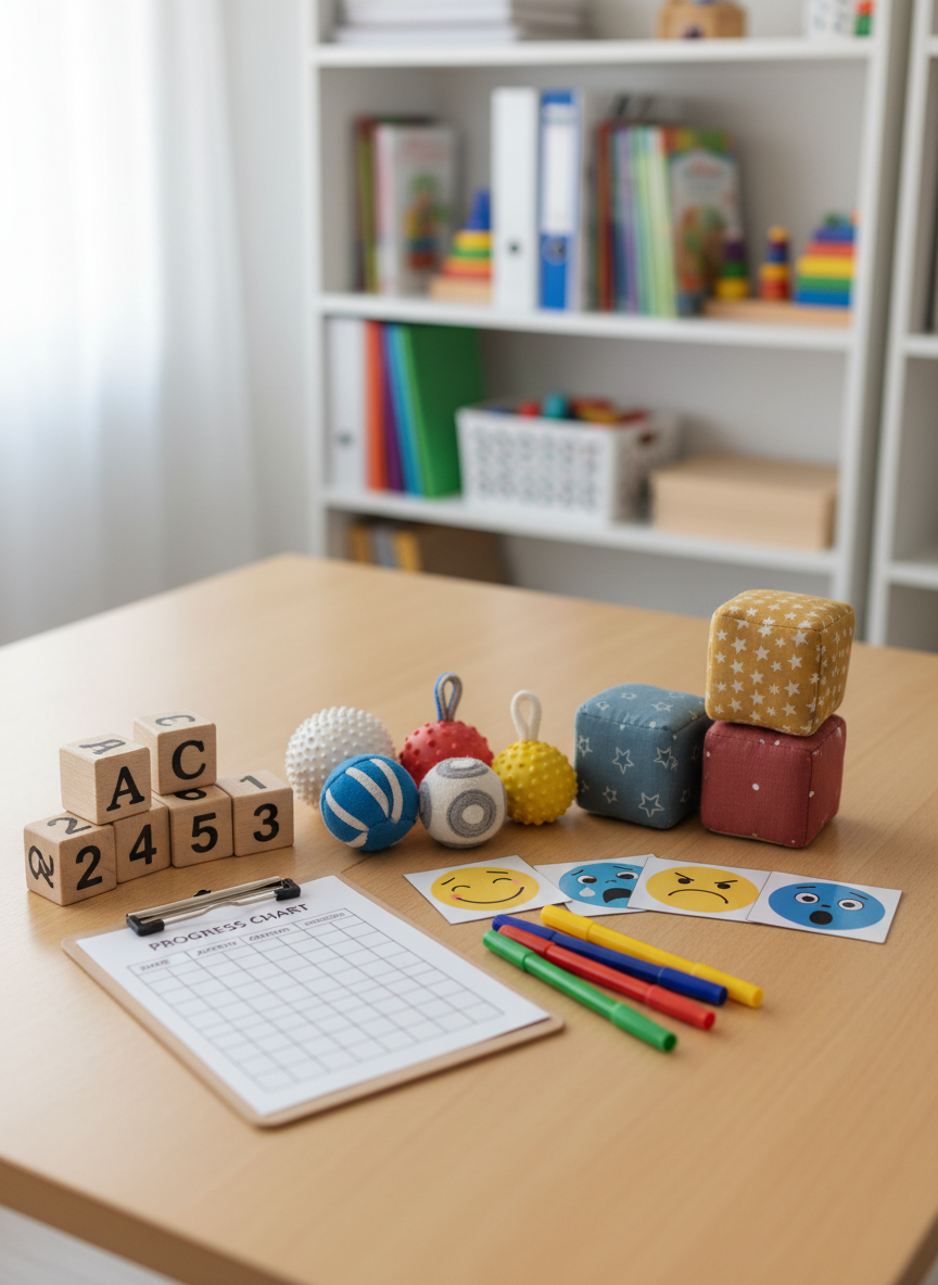 A close-up, photographic view of a set of high-quality child therapy tools arranged with care on a smooth light-wood table. There are sensory balls with varied textures, wooden blocks stamped with clear letters and numbers, laminated emotion cards with simple expressive faces, and soft fabric cubes in muted primary colors. A small clipboard with a structured progress chart and colored markers rests beside them, emphasizing assessment and planning. Diffused natural light from an unseen window creates gentle reflections on laminated surfaces and soft shadows underneath the objects. The background shows a slightly blurred bookcase filled with neatly aligned educational materials. Shot from a slightly elevated angle with balanced composition, the image feels precise, professional, and organized, presenting the tools as essential instruments for structured pediatric therapy.