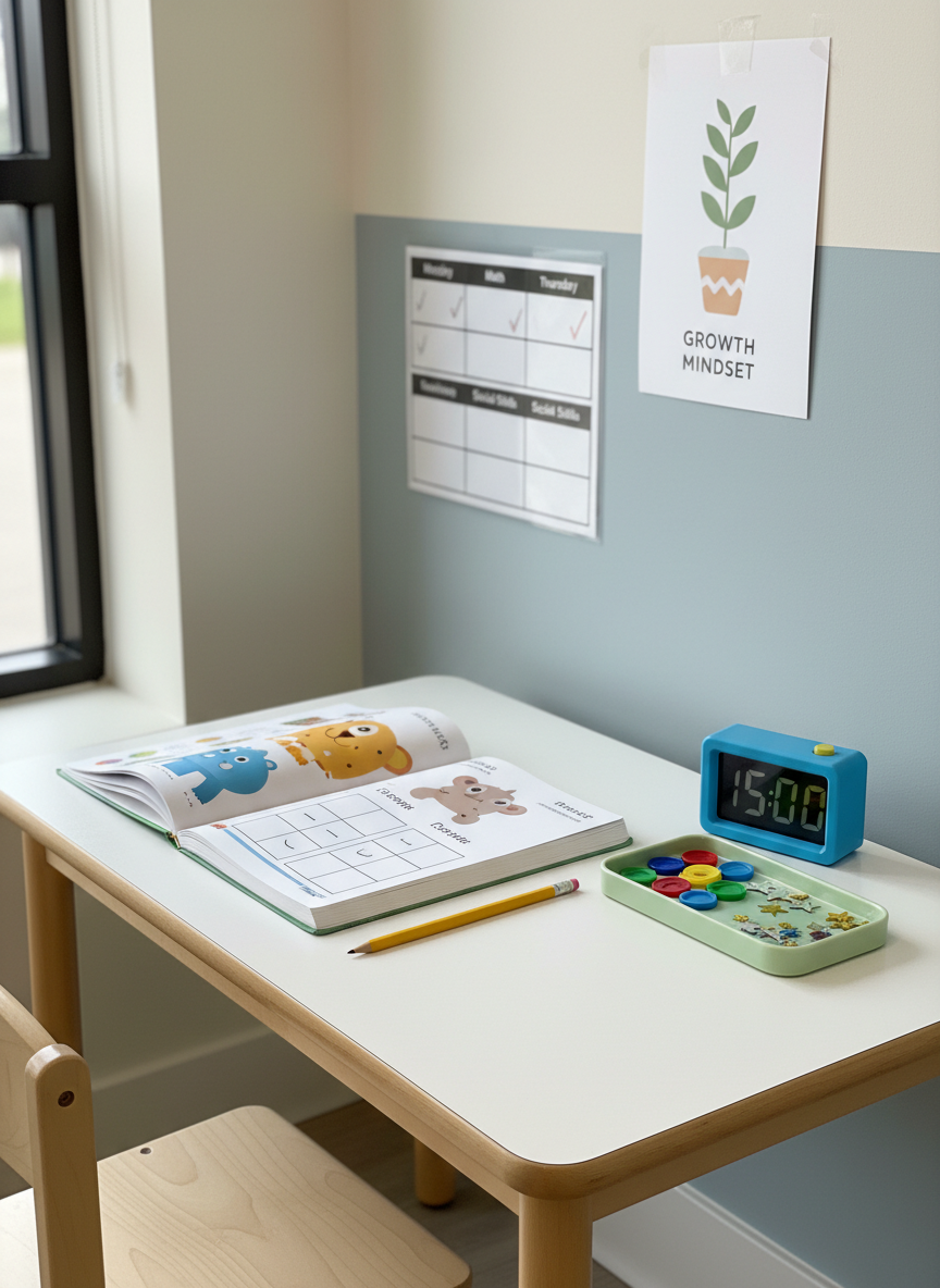 A photographic, eye-level scene of a child-sized desk in a therapy center, perfectly prepared for an individual learning session. On the smooth white desktop sits an open, age-appropriate workbook with large, clear illustrations and simple exercises, a sharpened pencil parallel to its spine, and a sturdy timer with bold numbers to support structured activities. Nearby, a small tray holds color-coded tokens and star-shaped stickers used for positive reinforcement. The desk is placed against a soft pastel wall decorated with a neatly arranged behavior chart and a minimal growth poster. Soft overhead lighting and indirect daylight from a side window combine to create an even, shadow-free illumination. The composition uses the rule of thirds, with crisp focus on the desk and a slightly softened background, projecting a calm, focused, and highly organized therapeutic atmosphere.
